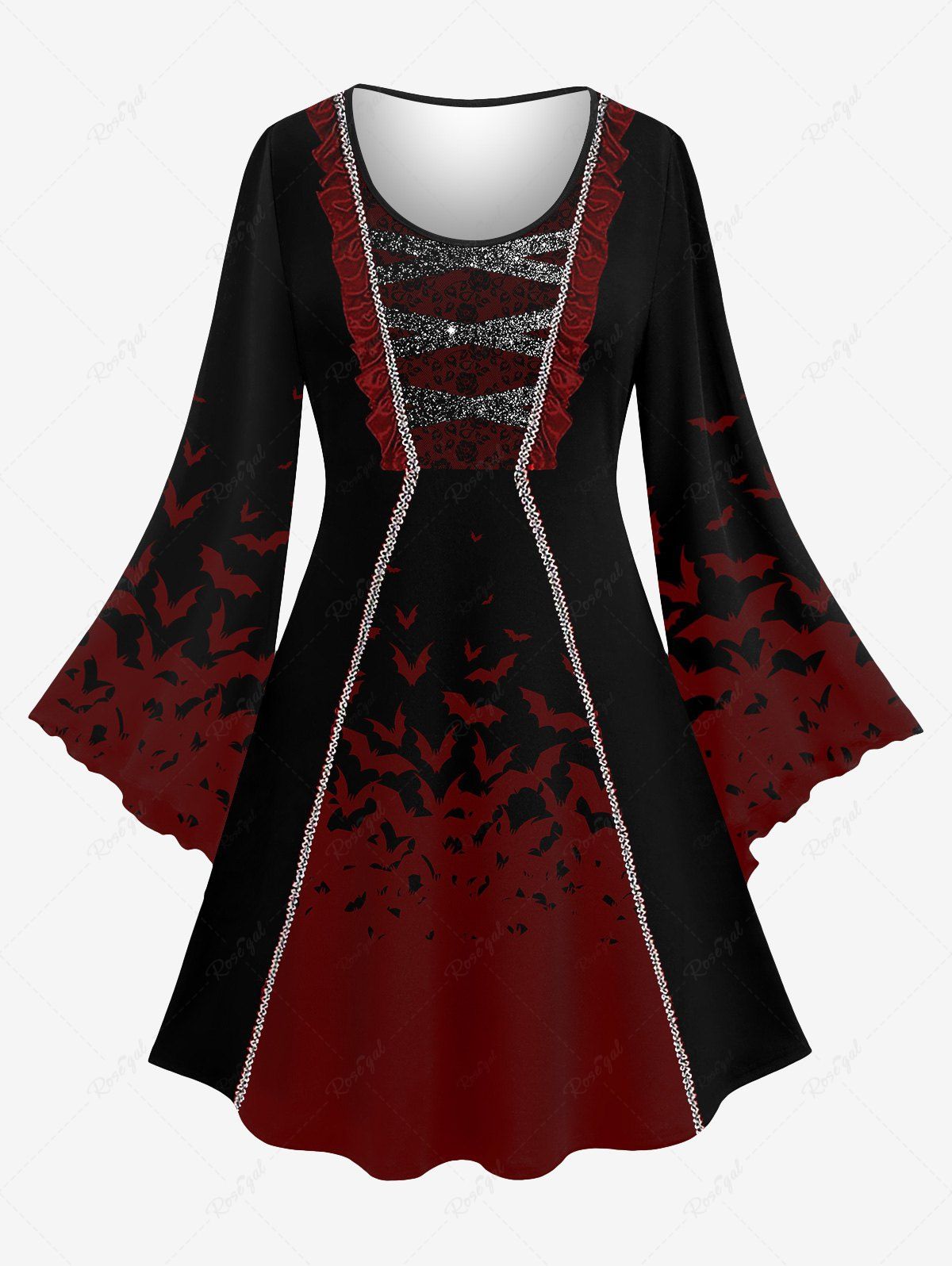 Robe D'Halloween Costume Chauve-souris et Vampire Imprimés Manches de Cloche de Grande Taille à Paillettes Rouge foncé 6X