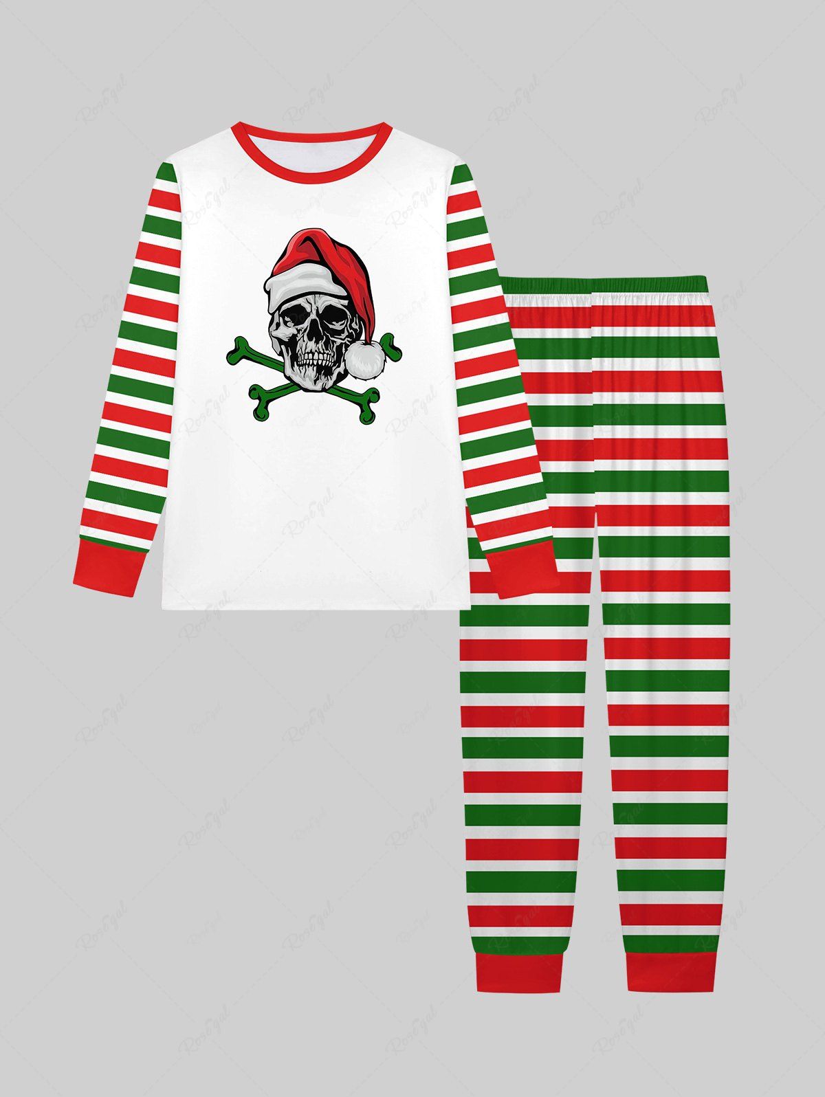 Discount Gothic Christmas Hat Skull Colorblock Stripes Print T-shirt and Jogger Pants Pajama Set For Men  