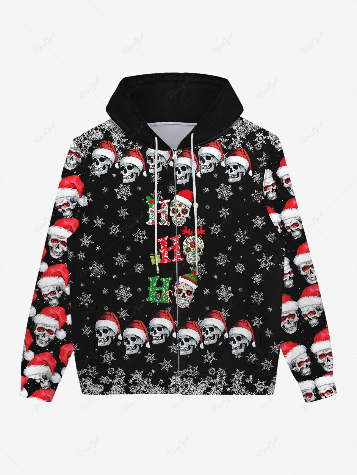 Discount Gothic Christmas Hat Skull Snowflake Print Zipper Fleece Lined Hoodie For Men  