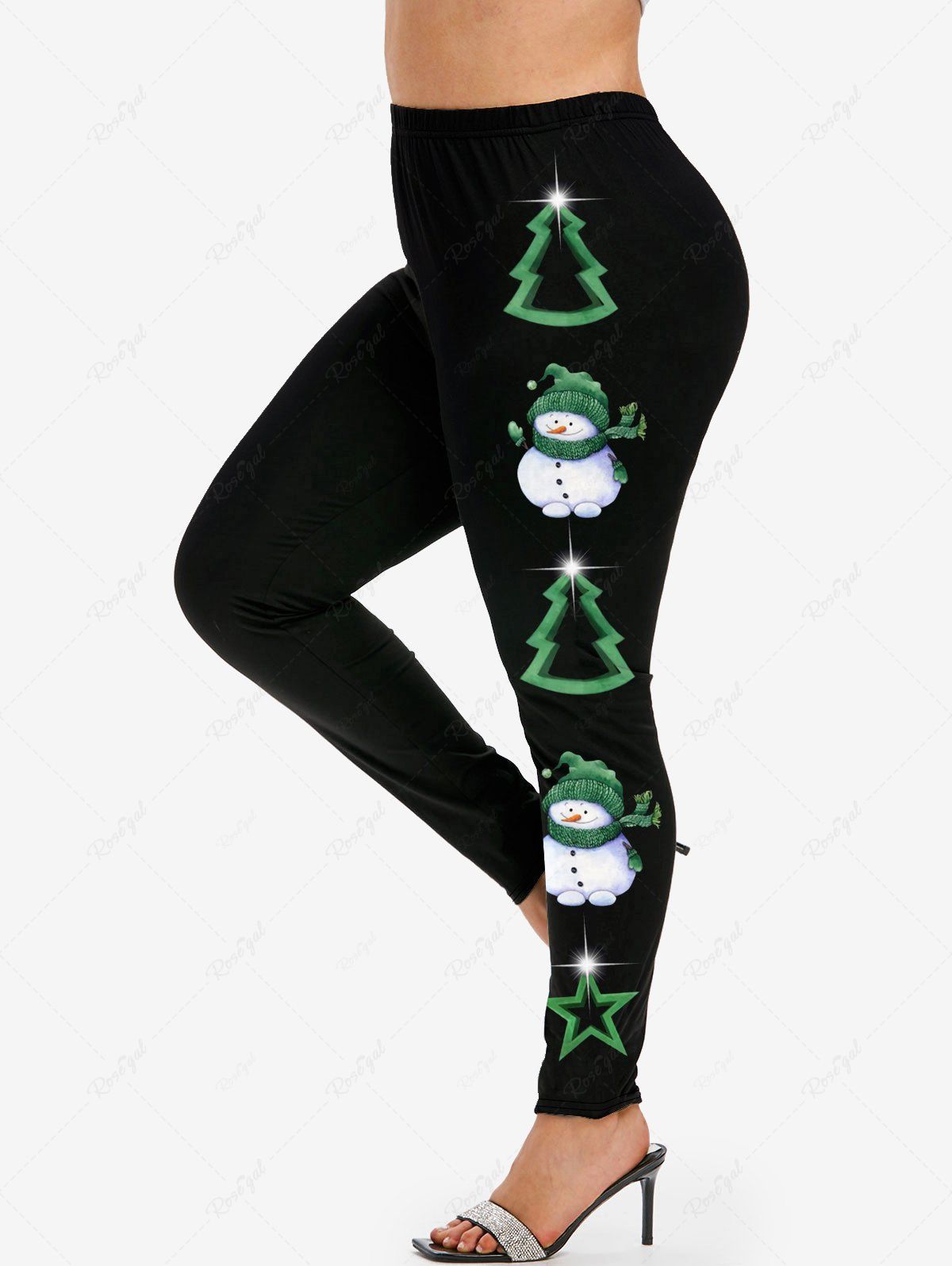 Chic Plus Size Christmas Tree Snowman Star Glitter 3D Print Leggings  