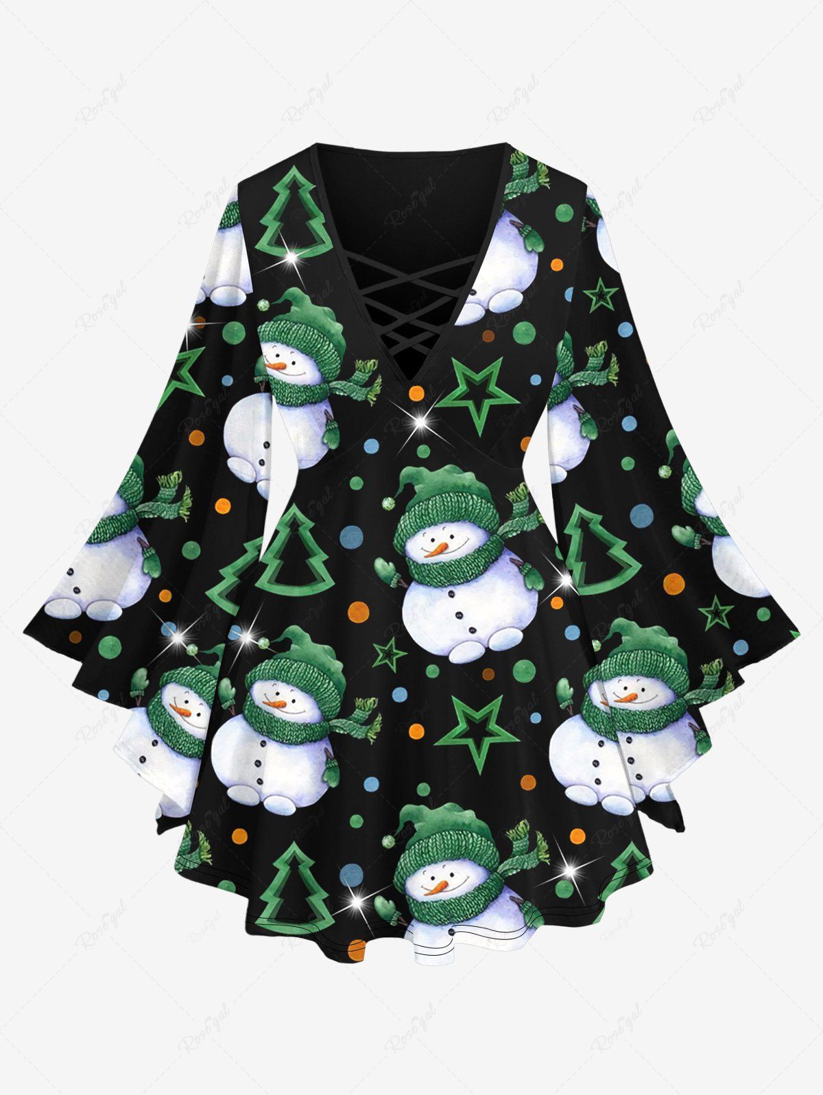 Shop Plus Size Christmas Tree Snowman Star Glitter 3D Print Crisscross Flare Sleeves T-shirt  