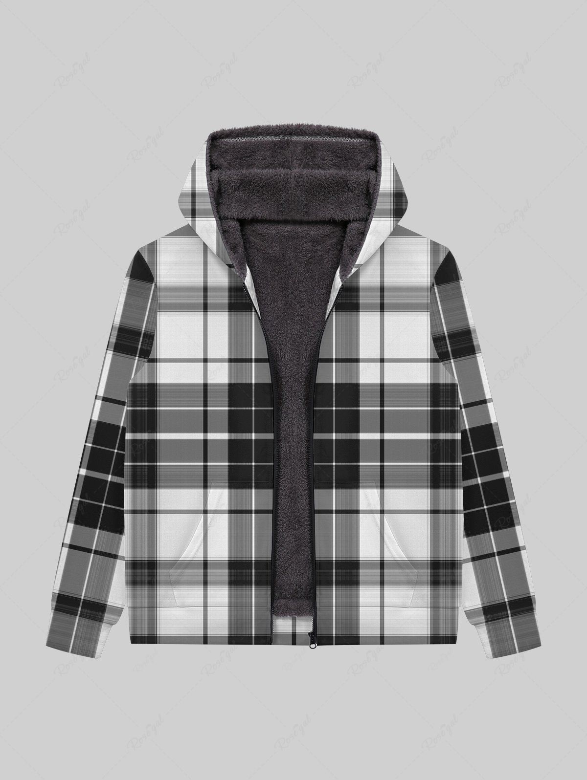 New Gothic White Black Plaid Print Zipper Fleece Hoodie For Men  