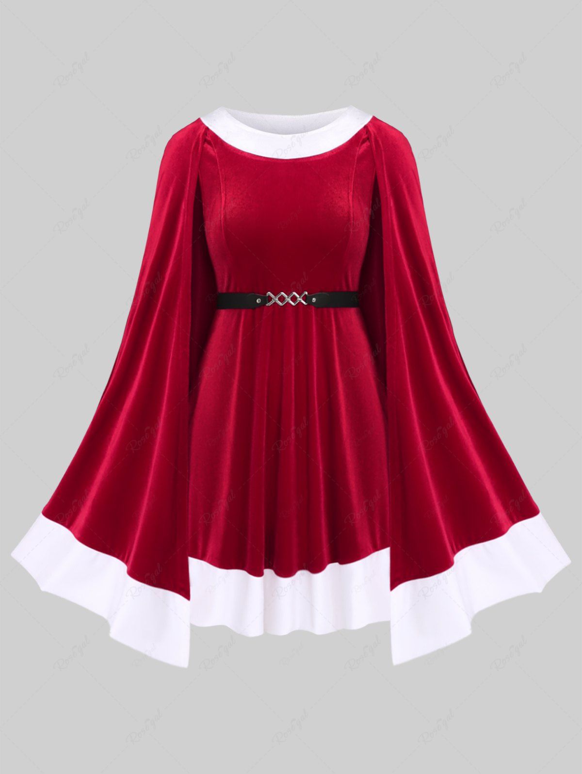 Online Plus Size Christmas Patchwork Colorblock Buckle Cape Dress  