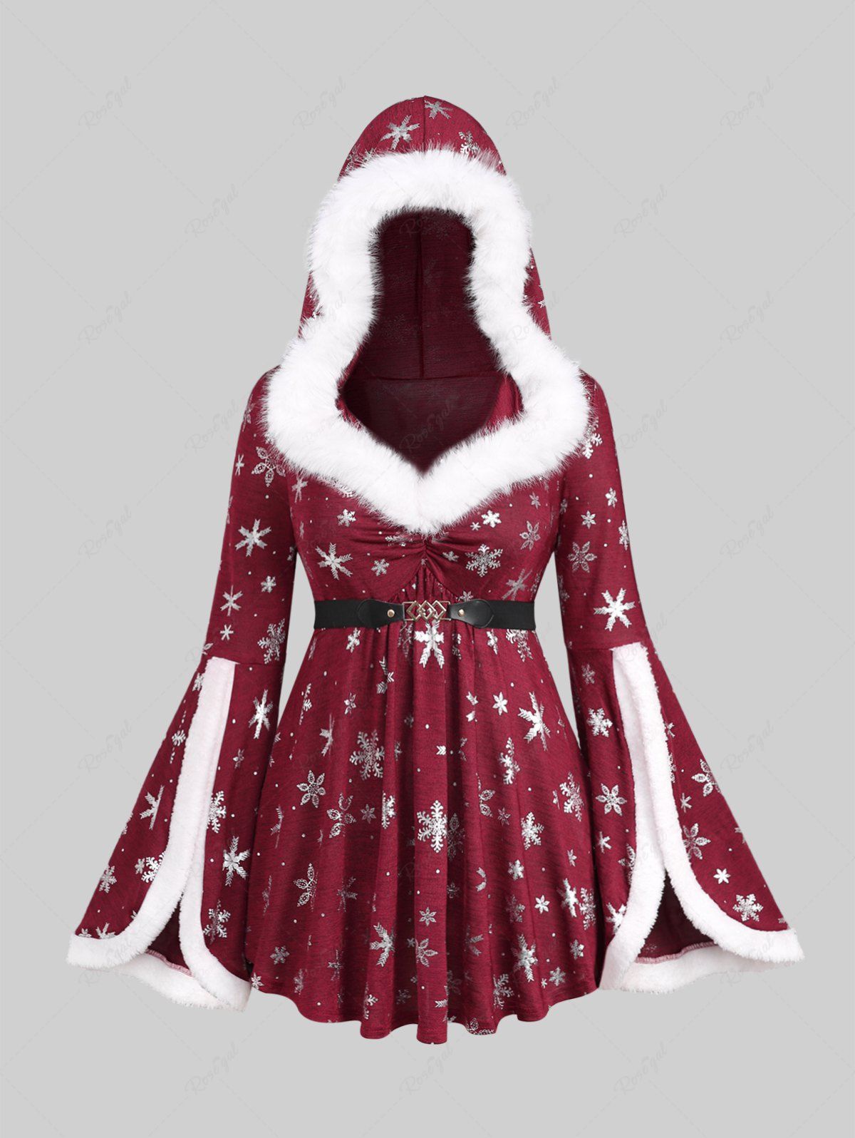 Latest Plus Size Christmas Snowflake Print Faux Fur Ruched Belt Split Flare Sleeves Hooded T-shirt  