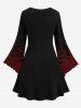 Robe D'Halloween Costume Chauve-souris et Vampire Imprimés Manches de Cloche de Grande Taille à Paillettes - Rouge foncé 5X
