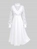 Gothic Floral Lace Panel Balloon Sleeves Ruffles Ruched Solid A Line Midi Dress -  