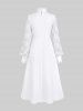 Gothic Floral Lace Panel Balloon Sleeves Ruffles Ruched Solid A Line Midi Dress -  