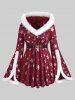 Plus Size Christmas Snowflake Print Faux Fur Ruched Belt Split Flare Sleeves Hooded T-shirt -  