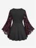 Plus Size Lace Applique Ruched Buckle Floral Mesh Flare Sleeves T-shirt -  