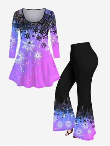 3D Glitter Snowflake Printed Ombre Christmas Long Sleeves T-shirt and Flare Pants Plus Size Matching Set - PURPLE
