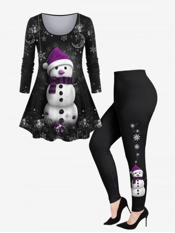 Plus Size 3D Snowman Snowflake Moon Gift Box Galaxy Printed Christmas T-shirt and Leggings Outfit - BLACK
