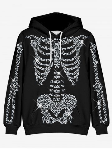 Plus Size 3D Glitter Sparkling Skeleton Print Halloween Kangaroo Pocket Drawstring Hoodie - BLACK - 4XL