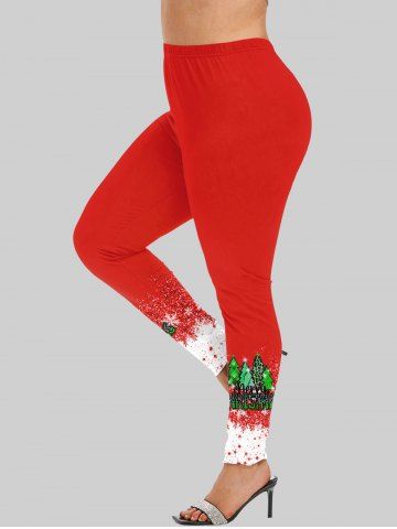 Plus Size Christmas Tree Snowflake Letters Sparkling Sequins Print Skinny Leggings - RED - 4X