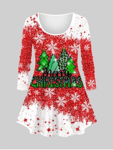 Plus Size Christmas Tree Snowflake Letters Sparkling Sequins Print T-shirt - RED - XS