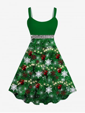 Plus Size Christmas Ball Light Snowflake Sparkling Sequin Glitter 3D Print Tank Party Dress - GREEN - XS