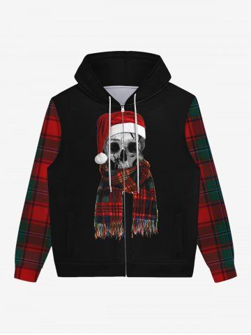 Gothic Christmas Hat Skull Plaid Print Zipper Hoodie For Men - BLACK - 3XL