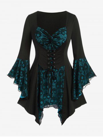 Plus Size Skulls Mesh Panel Bell Sleeves Twist Lace Up Asymmetrical 2 In 1 Top - SKY BLUE - S | US 8