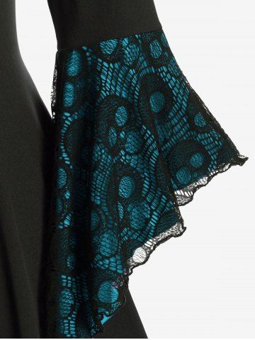 Plus Size Skulls Mesh Panel Bell Sleeves Twist Lace Up Asymmetrical 2 In 1 Top