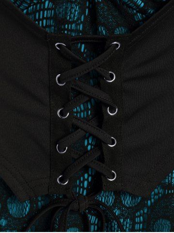 Plus Size Skulls Mesh Panel Bell Sleeves Twist Lace Up Asymmetrical 2 In 1 Top