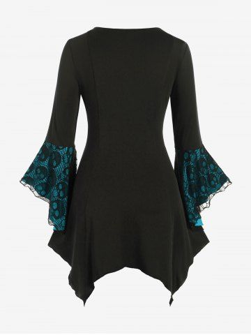 Plus Size Skulls Mesh Panel Bell Sleeves Twist Lace Up Asymmetrical 2 In 1 Top