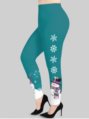 Plus Size Christmas Snowman Snowflake Colorblock Print Leggings - GREEN - S