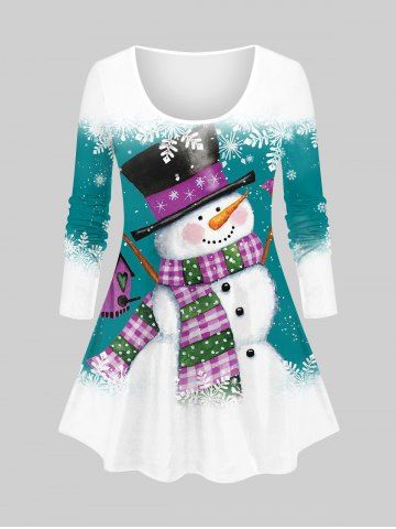 Plus Size Christmas Snowman Snowflake Christmas Print T-shirt - GREEN - S