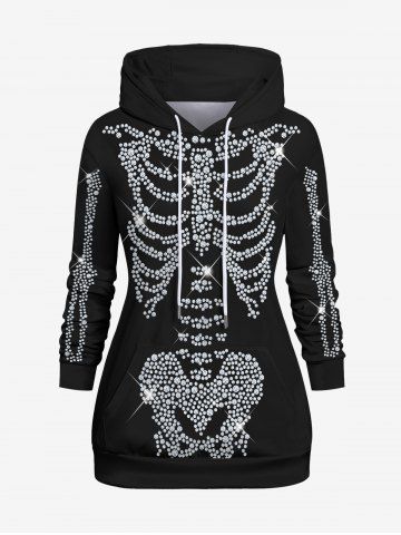 Plus Size 3D Glitter Sparkling Skeleton Print Halloween Kangaroo Pocket Drawstring Hoodie - BLACK - 3XL