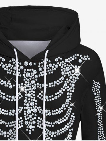 Plus Size 3D Glitter Sparkling Skeleton Print Halloween Kangaroo Pocket Drawstring Hoodie