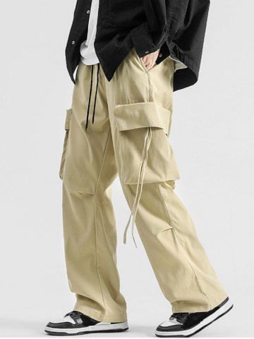 Men's Casual Streetwear Striaght Leg Solid Color Drawstring Cargo Pants - LIGHT YELLOW - XXL