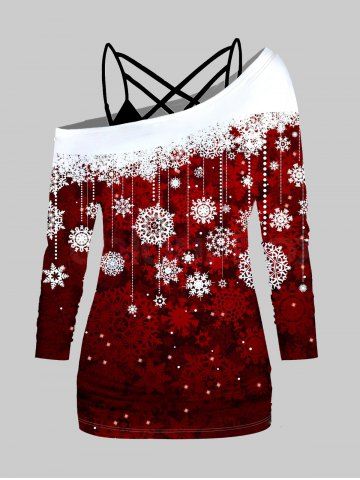 Christmas Snowflake Print Skew Collar T-shirt And Lattice Basic Camisole Set - RED - XXL | US 12