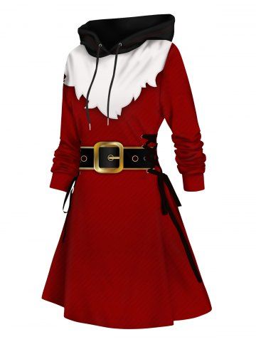 Christmas Belted 3D Print Lace Up Hoodie Dress - RED - XL | US 10