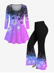 3D Glitter Snowflake Printed Ombre Christmas Long Sleeves T-shirt and Flare Pants Plus Size Matching Set -  