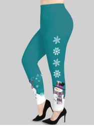 Plus Size Christmas Snowman Snowflake Colorblock Print Leggings -  