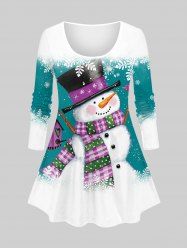Plus Size Christmas Snowman Snowflake Christmas Print T-shirt -  