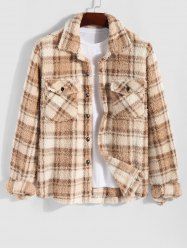 Men's Plaid Pattern Front Pocket Fluffy Teddy Fleece Turn-down Collar Jacket -  