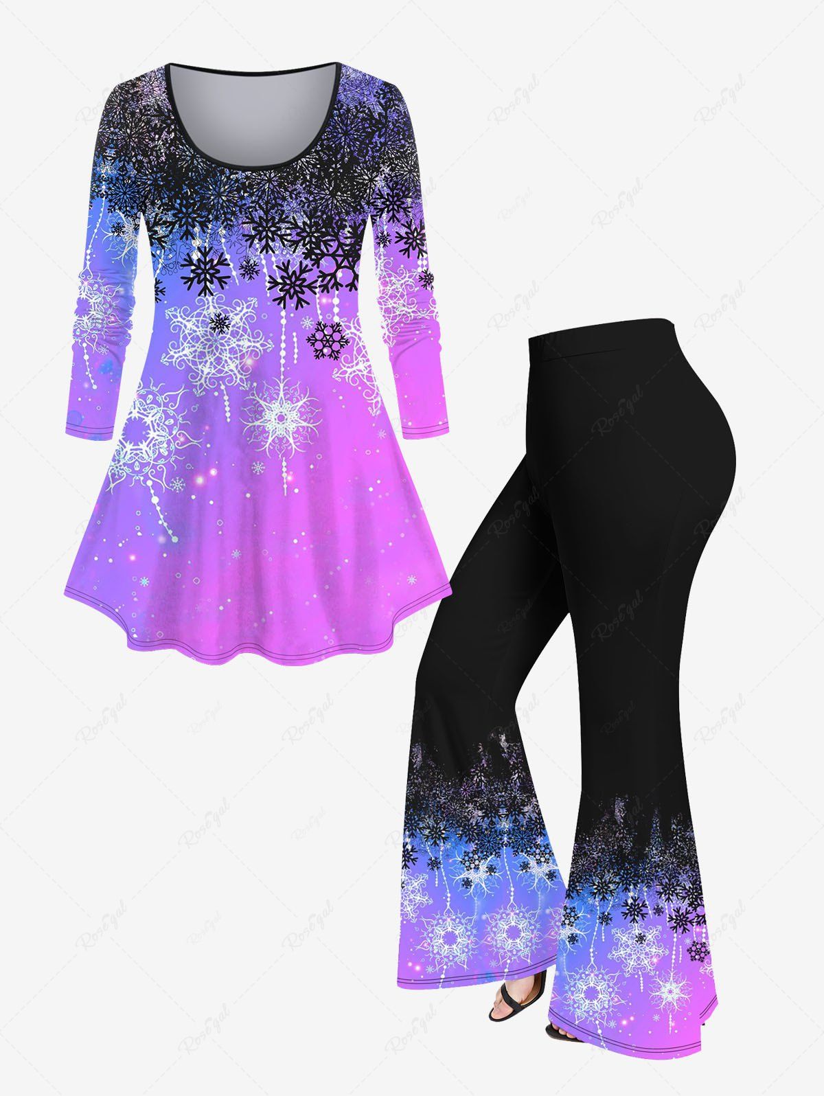 Best 3D Glitter Snowflake Printed Ombre Christmas Long Sleeves T-shirt and Flare Pants Plus Size Matching Set  