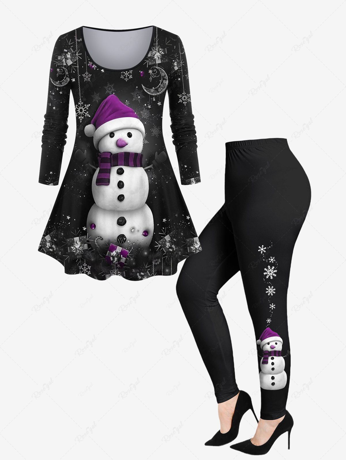 New Plus Size 3D Snowman Snowflake Moon Gift Box Galaxy Printed Christmas T-shirt and Leggings Outfit  