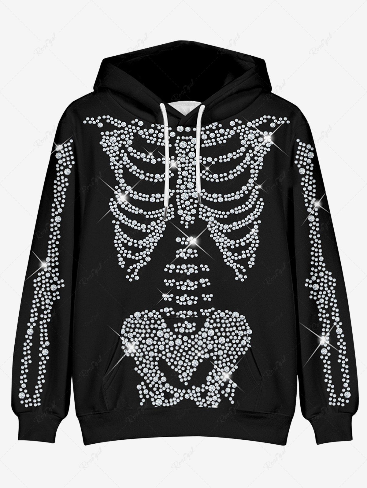 Discount Plus Size 3D Glitter Sparkling Skeleton Print Halloween Kangaroo Pocket Drawstring Hoodie  