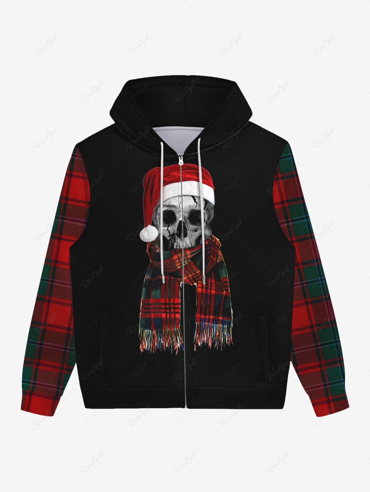 Discount Gothic Christmas Hat Skull Plaid Print Zipper Hoodie For Men  