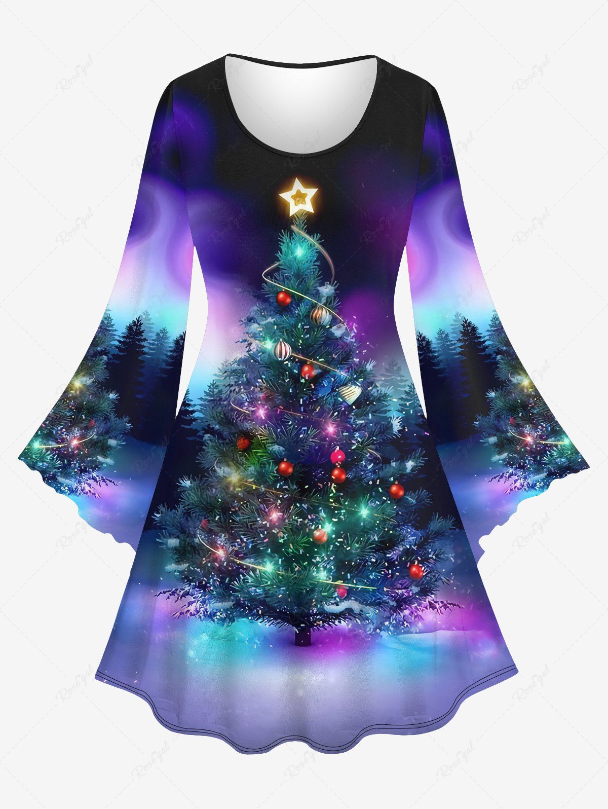 Chic Plus Size Christmas Tree Ball Galaxy Star Glitter 3D Print Flare Sleeve Dress  