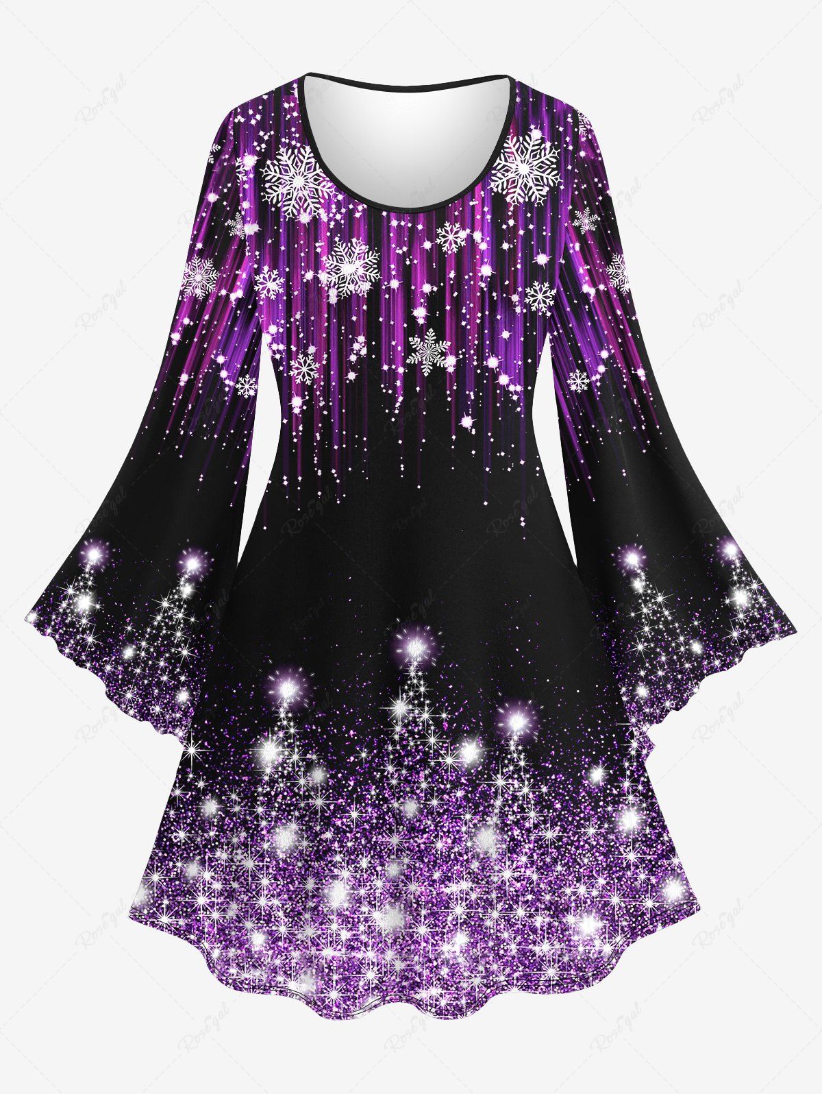 Shops Plus Size Christmas Snowflake Sparkling Sequin Glitter 3D Printed Flare Sleeves Party Dress  