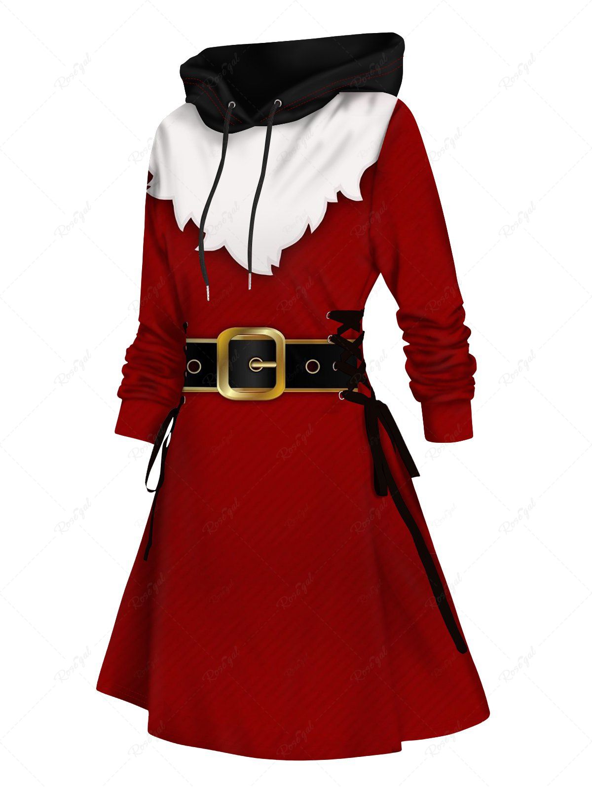 Trendy Christmas Belted 3D Print Lace Up Hoodie Dress  