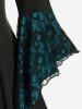 Plus Size Skulls Mesh Panel Bell Sleeves Twist Lace Up Asymmetrical 2 In 1 Top -  