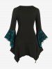 Plus Size Skulls Mesh Panel Bell Sleeves Twist Lace Up Asymmetrical 2 In 1 Top -  