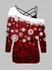 Christmas Snowflake Print Skew Collar T-shirt And Lattice Basic Camisole Set -  