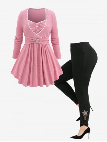 Plus Size Ruched Buttons Lace Trim Ruffled Buckle T-shirt and Pentagram Tassel Twist Leggings Outfit - LIGHT PINK
