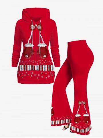 Christmas Plus Size Bowknot Gloves Striped Stars Buckle Printed Kangaroo Pocket Hoodie and Flare Pants Outfit