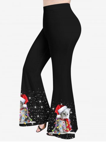Plus Size Glitter Christmas Hat Light Cat Fragmentation Print Flare Pants - BLACK - 2X