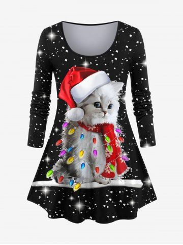 Plus Size Glitter Sparkling 3D Christmas Hat Light Cat Fragmentation Print T-shirt - BLACK - L