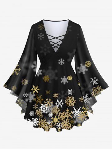 Plus Size Flare Sleeves Ombre Snowflake Print Christmas Crisscross T-shirt - BLACK - L